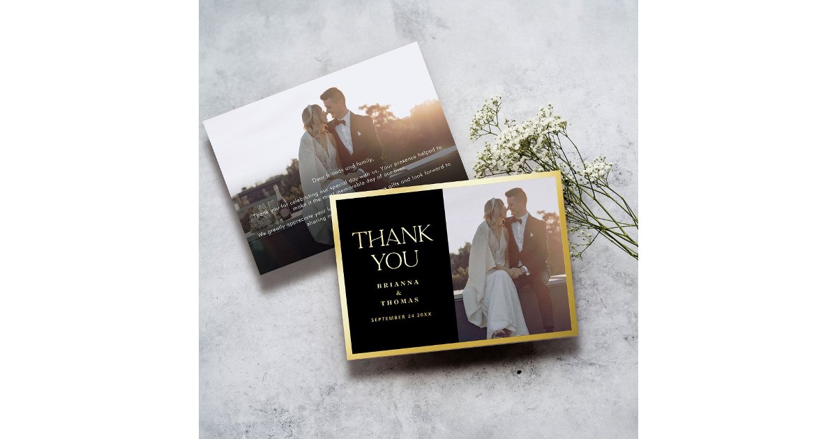 Elegant Photo Black Gold Wedding Thank You Card | Zazzle