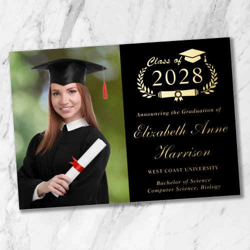 Elegant Photo Black Graduation Foil Announcement