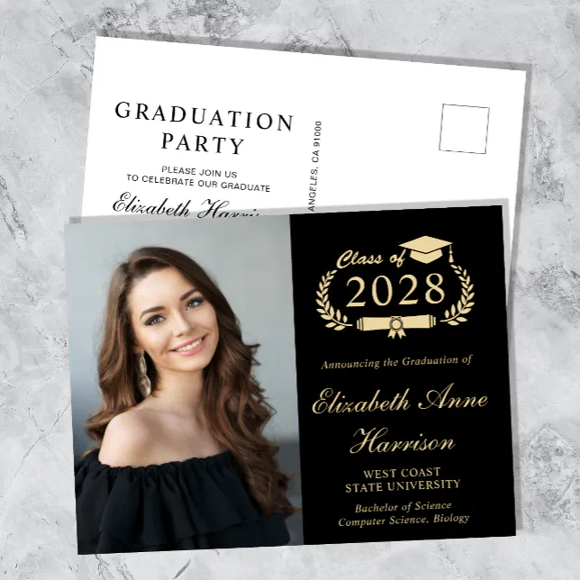 Elegant Photo Black Graduation Party Invitation Postcard | Zazzle