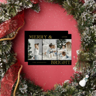 Elegant Photo Black Merry and Bright Christmas Foil Holiday Card