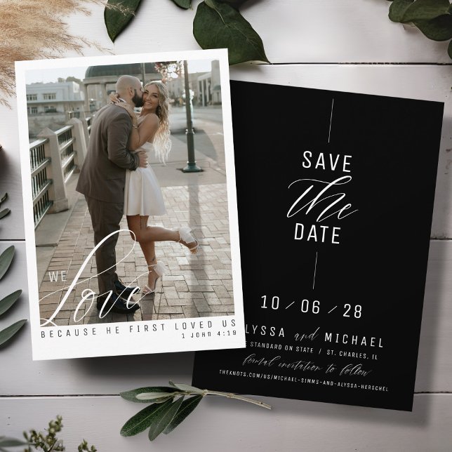 Elegant Photo Black Modern Christian Wedding Save The Date (Love scripture elegant photo simple gold, black and white modern Christian wedding save the date)