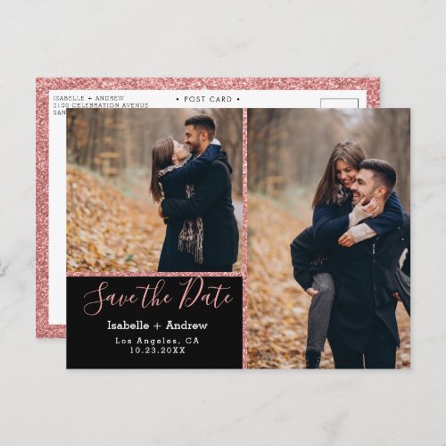 Elegant Photo Black Rose Glitter Save the Date Announcement Postcard