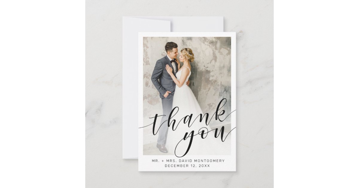 Elegant Photo Black Script White Wedding Thank You Card | Zazzle