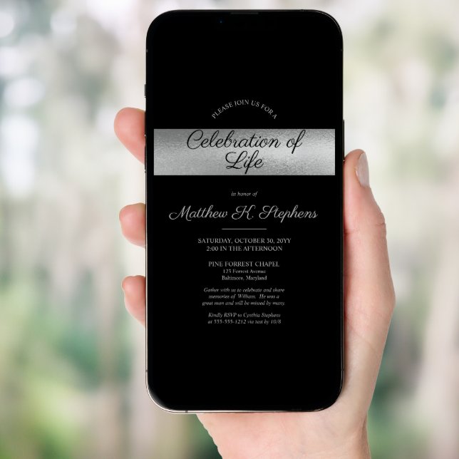 Elegant Photo Black  | Silver Celebration of Life Invitation (Front Digital)