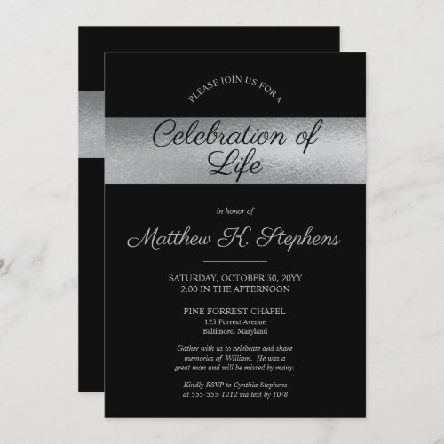 Elegant Photo Black   Silver Celebration of Life Invitation