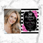 Elegant Photo Black Silver Pink 50th Birthday Invitation<br><div class="desc">Elegant floral feminine 50th birthday invitation with your photo. Glam black white pink design with faux glitter silver. Features black and white stripes, roses, script font and confetti. Perfect for a stylish adult bday celebration party. Personalise with your own details. Can be customised for any age! Printed Zazzle invitations or...</div>