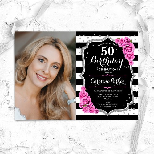 Elegant Photo Black Silver Pink 50th Birthday Invitation