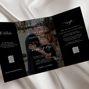 Elegant photo black wedding RSVP details QR code  Tri-Fold Invitation