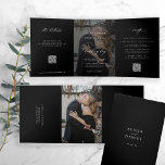 Elegant photo black wedding RSVP details QR code  Tri-Fold Invitation<br><div class="desc">Modern simple minimal typography trendy black all in one budget wedding invitation template with 2 photos, rsvp and details with scanning QR codes featuring a chic trendy calligraphy script and dark overlay. Easy to personalize with one or two custom photos (you can upload the same photo on both sides) and...</div>