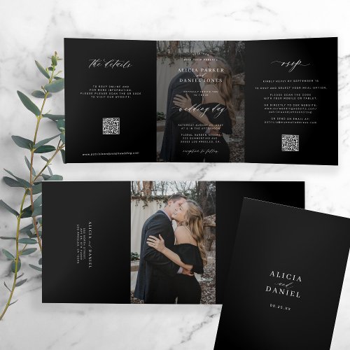 Elegant photo black wedding RSVP details QR code  Tri_Fold Invitation