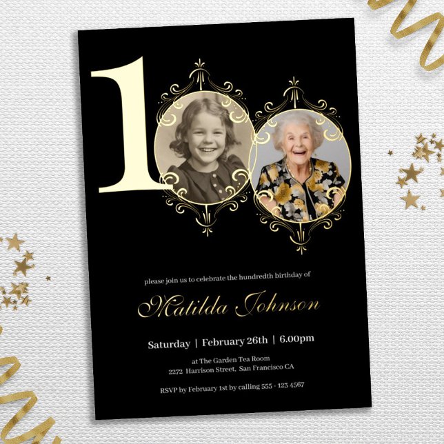 Elegant Photo Black White 100th Birthday Foil Invitation (100th Birthday Black White Elegant Custom Photo Foil Invitation)