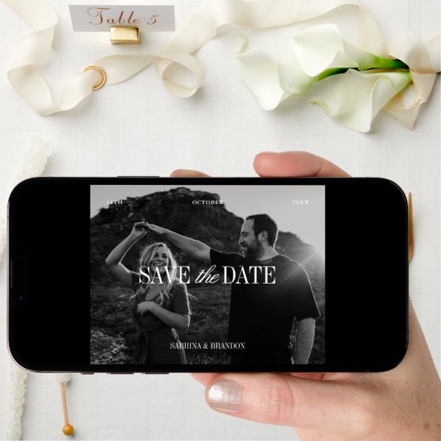 Elegant Photo Black & White Save the Date Card (Front Digital)