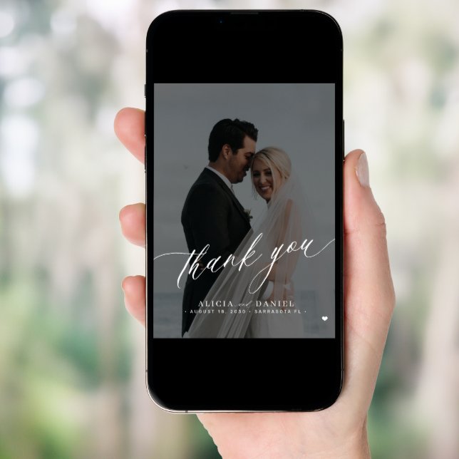 Elegant photo black white wedding thank you card (Front Digital)