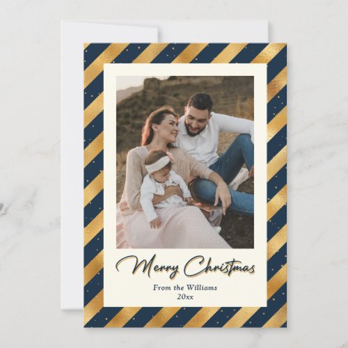 Elegant Photo Blue and Gold Merry Christmas Holiday Card