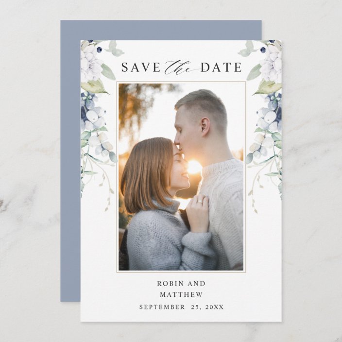 Elegant Photo, Blue and White Floral Wedding Save The Date | Zazzle.com