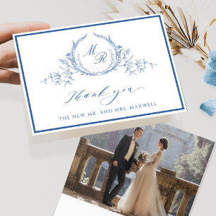 Elegant Photo, Blue Classic Monogram Wedding Letterpress Thank You Card