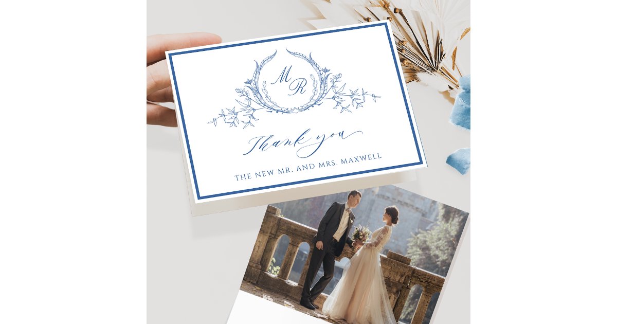 Elegant Photo, Blue Classic Monogram Wedding Thank You Card | Zazzle