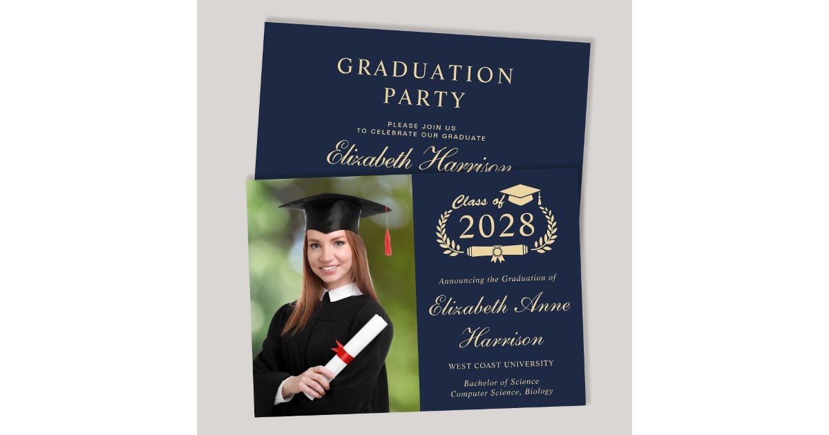 Elegant Photo Blue College Graduation Party Invitation | Zazzle