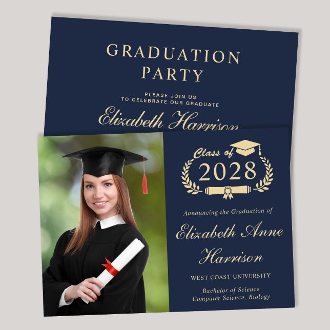 Elegant Photo Blue College Graduation Party Invitation (An elegant college graduation party invitation to celebrate the graduate's achievements)
