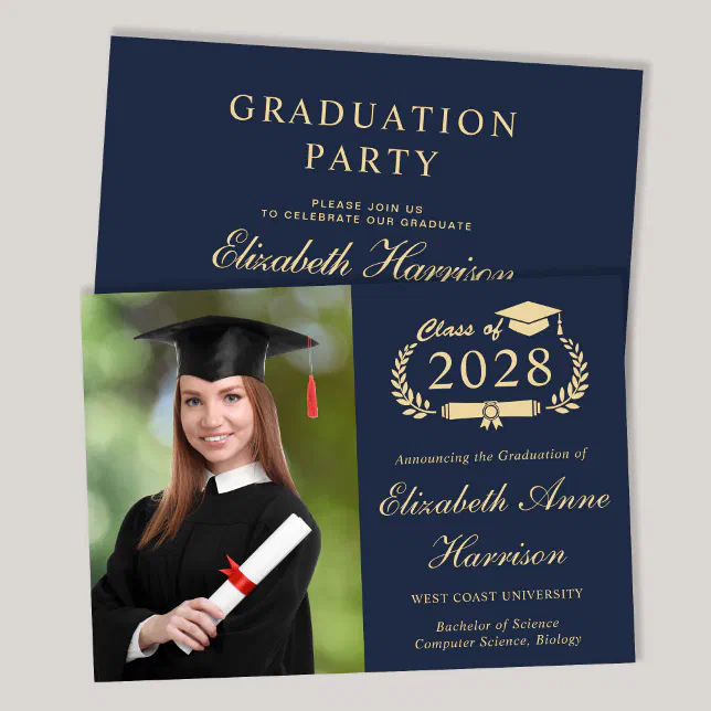 Elegant Photo Blue College Graduation Party Invitation | Zazzle