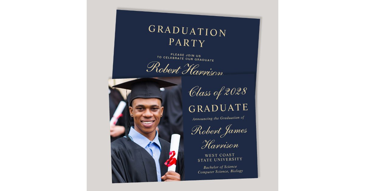 Elegant Photo Blue College Graduation Party Invitation | Zazzle