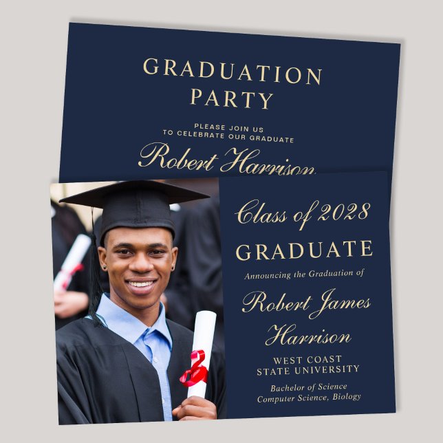 Elegant Photo Blue College Graduation Party Invitation (An elegant college graduation party invitation to celebrate the graduate's achievements)