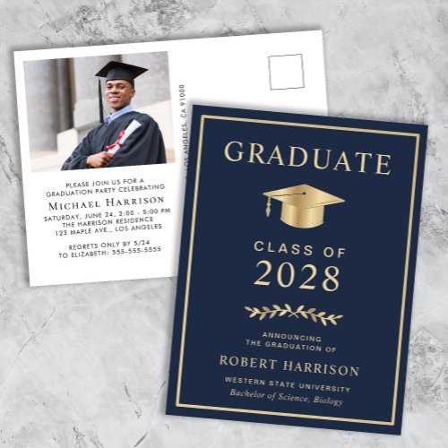 Elegant Photo Blue College Graduation Party Invitation Postcard