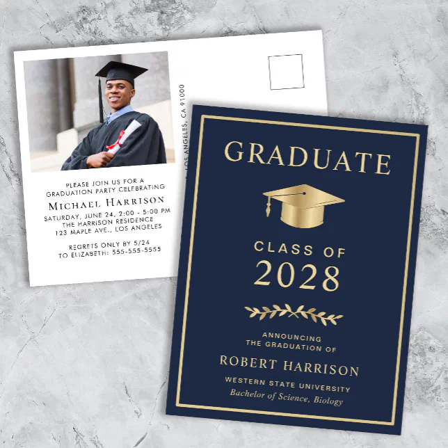 Elegant Photo Blue College Graduation Party Invitation Postcard | Zazzle