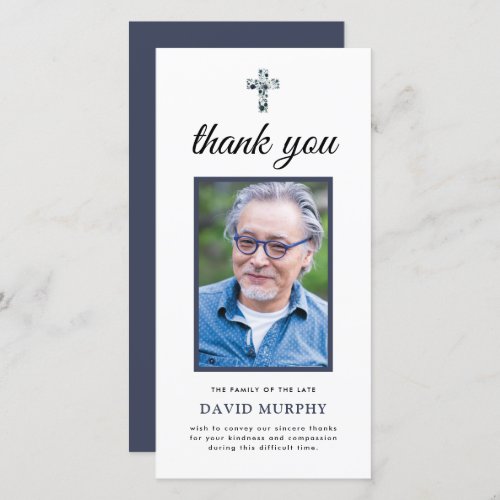 Elegant Photo Blue Floral Memorial Thank You Card