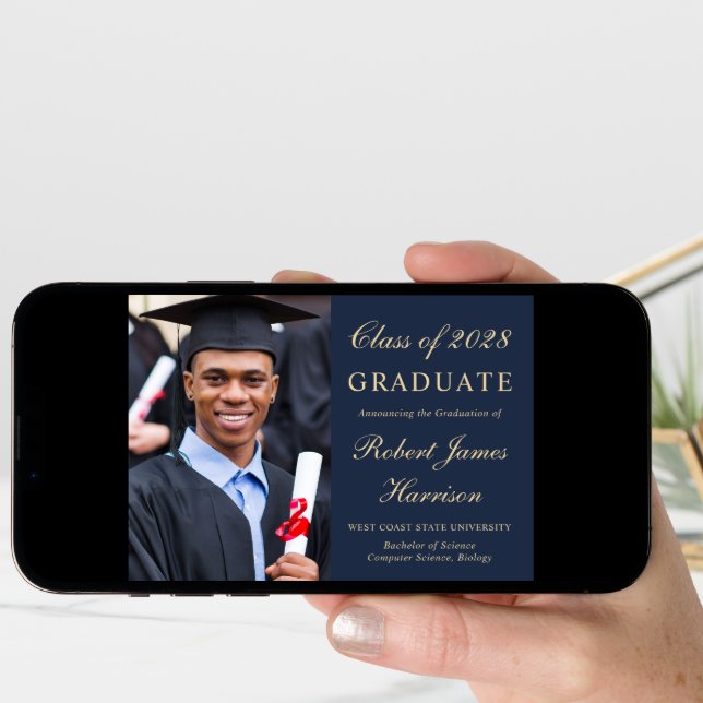 Elegant Photo Blue Gold College Graduation Announcement (Front Digital)