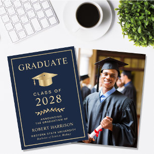 Elegant Photo Blue Gold College Graduation Announcement
