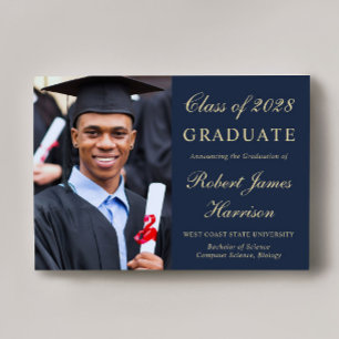 Elegant Photo Blue Gold College Graduation Announcement