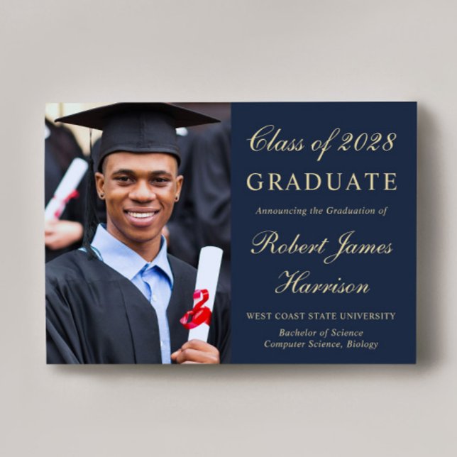 Elegant Photo Blue Gold College Graduation Announcement (Share the pride and excitement of your graduate's achievement with friends and family near and far)