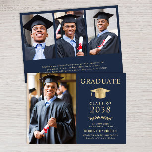 Elegant Photo Blue Gold College Graduation Announcement