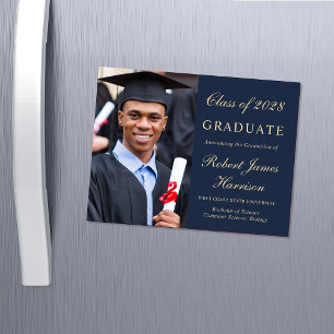 Elegant Photo Blue Gold College Graduation Magnetic Invitation