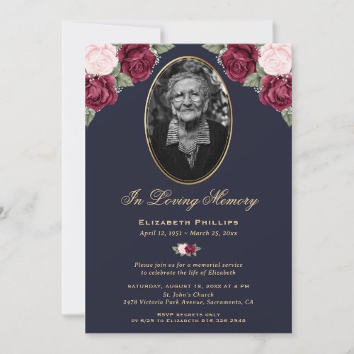 Elegant Photo Blue Gold Floral Memorial Service Invitation