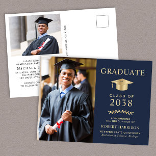 Elegant Photo Blue Gold Graduation Party Invitation Postcard