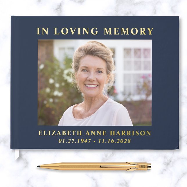 Elegant Photo Blue Gold Memorial Funeral Foil Guest Book (Creator Uploaded)
