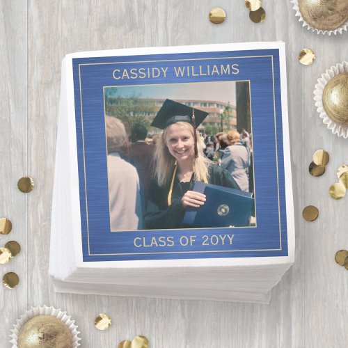 Elegant Photo Blue  Gold Modern Graduation Party Napkins