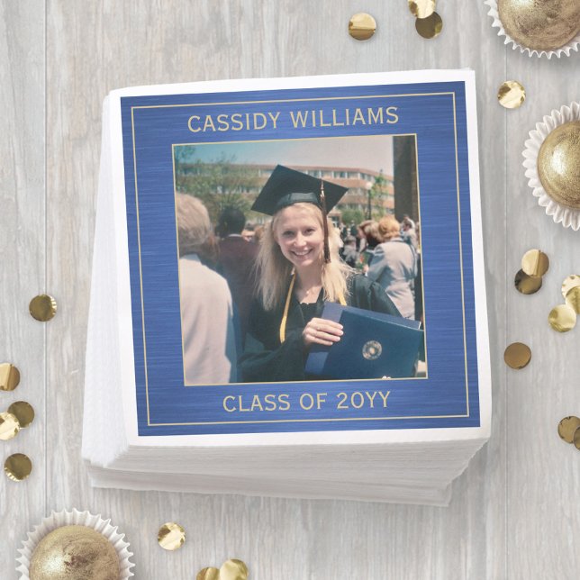 Elegant Photo Blue & Gold Modern Graduation Party Napkins (Creator Uploaded)