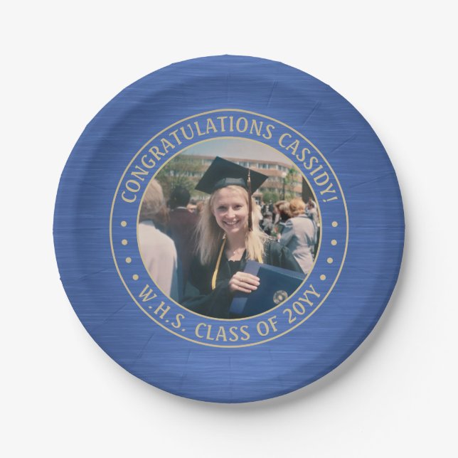 Elegant Photo Blue & Gold Modern Graduation Party Paper Plates (Front)