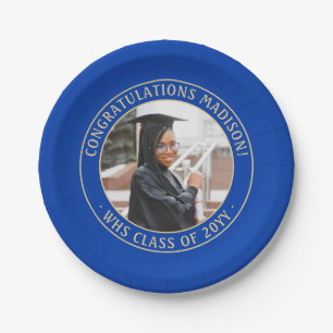 Elegant Photo Blue & Gold Modern Graduation Party Paper Plates