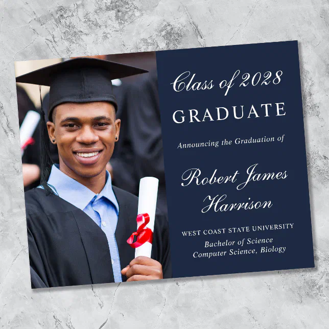 Elegant Photo Blue Graduation Announcement | Zazzle