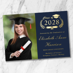 Elegant Photo Blue Graduation Foil Announcement