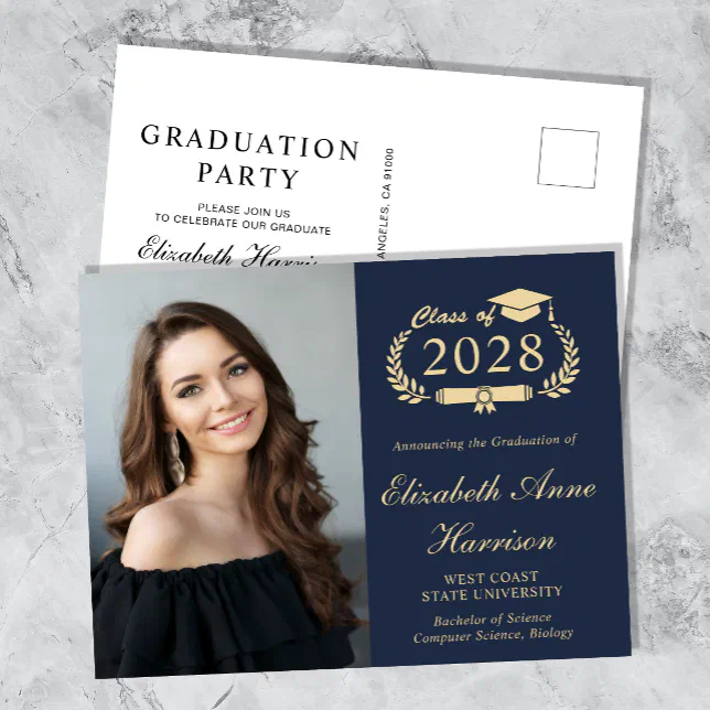 Elegant Photo Blue Graduation Party Invitation Postcard | Zazzle