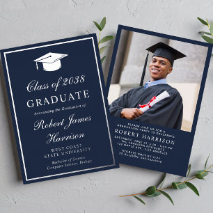 Elegant Photo Blue Graduation Party Silver Foil Invitation