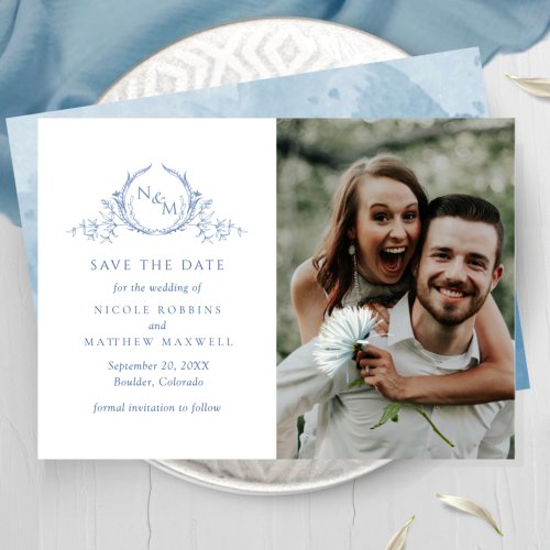Elegant Photo Blue Monogram Wedding Save The Date