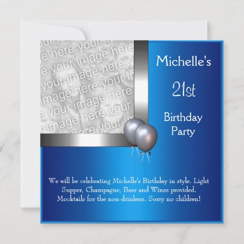 Elegant Photo Blue Silver Balloon 21st Birthday Custom Invite