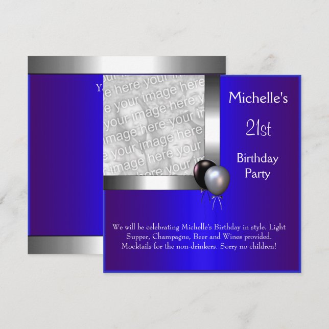 Elegant Photo Blue Silver Balloon 21st Birthday Invitation (Front/Back)