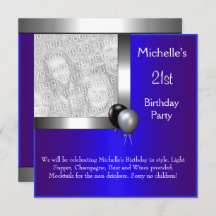 Elegant Photo Blue Silver Balloon 21st Birthday Invitation
